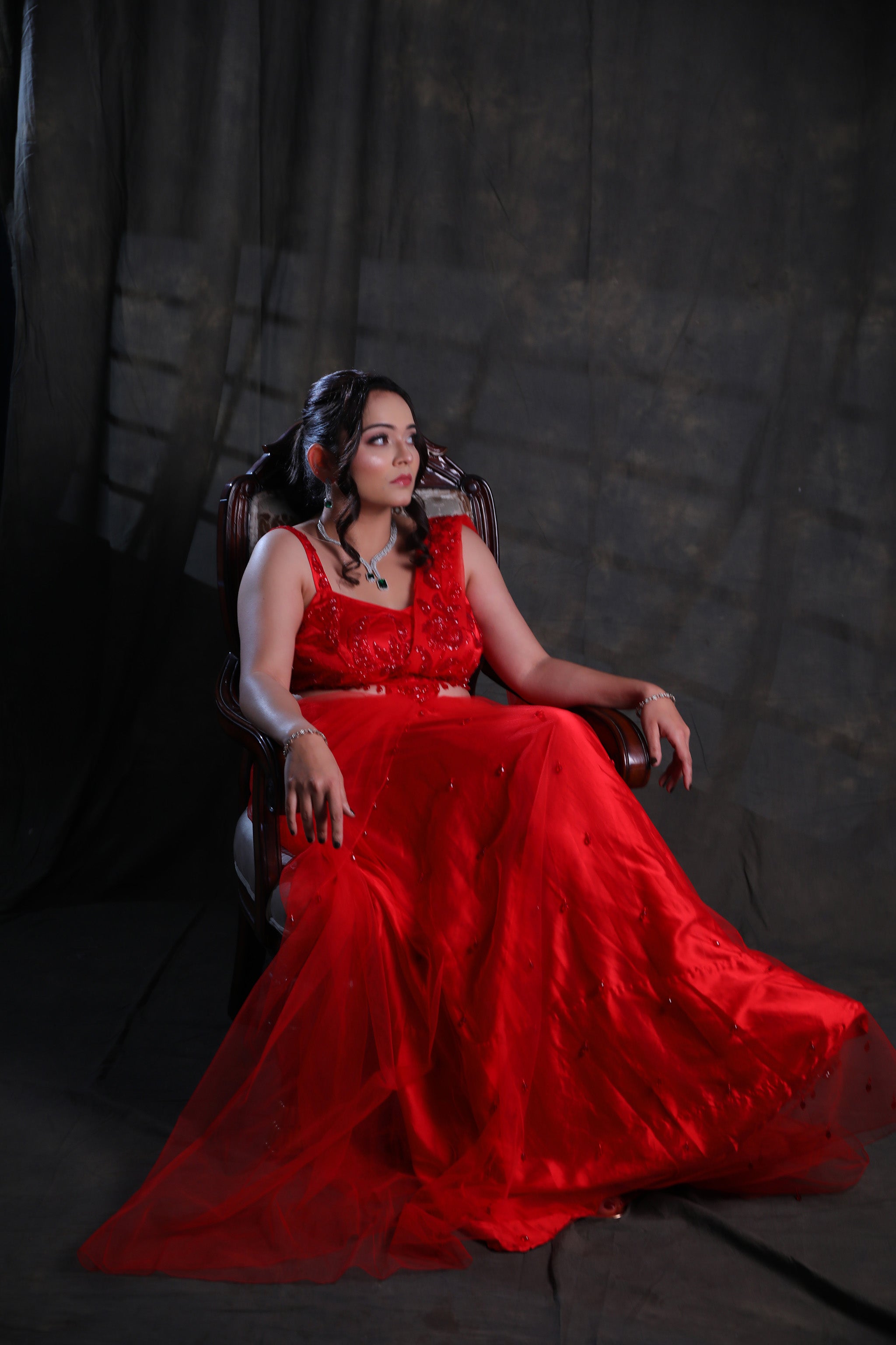 Hot Red Hand Embroidered Drape Saree