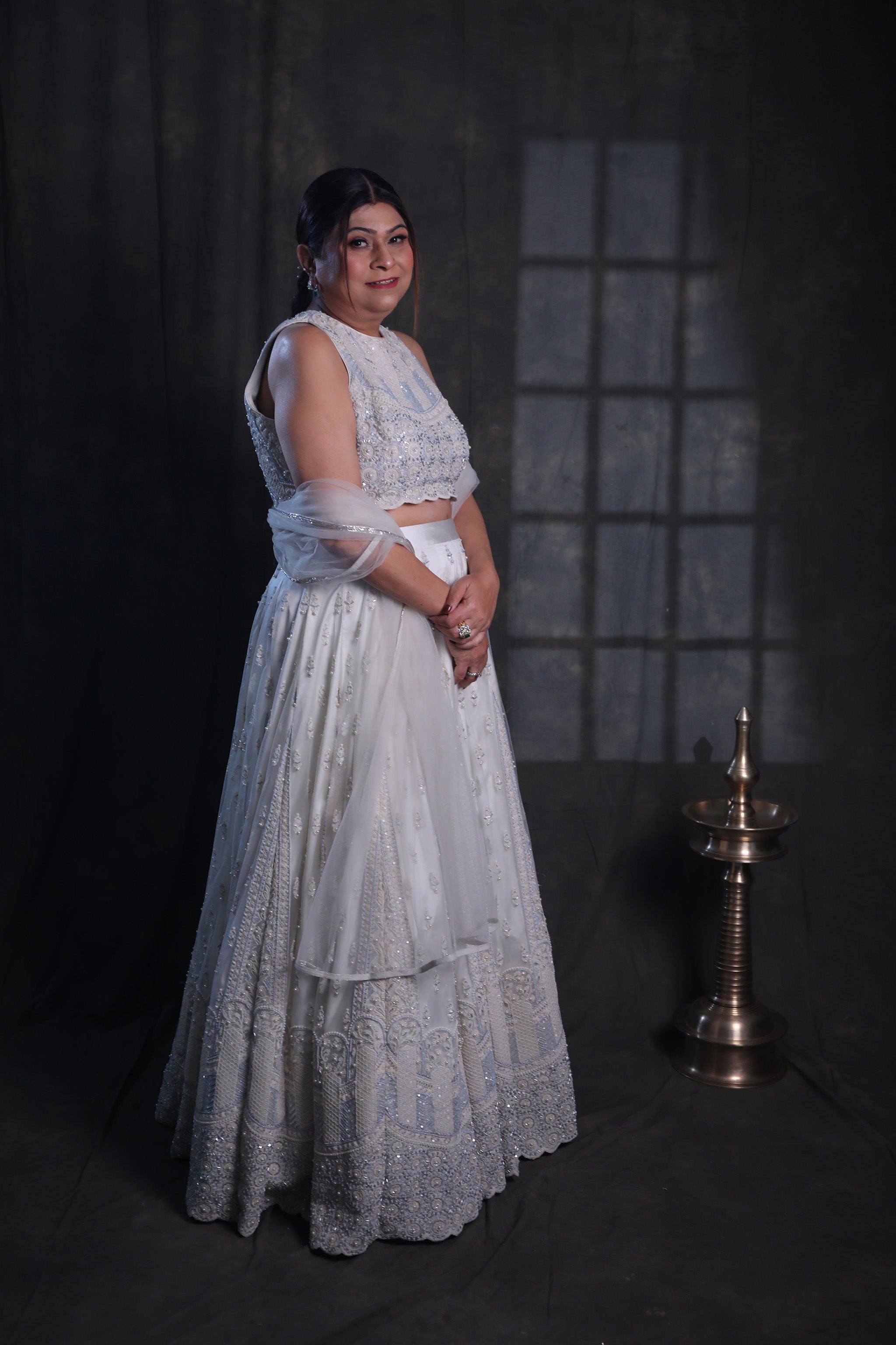 Swan Pearl White Hand Embroidered Lehanga