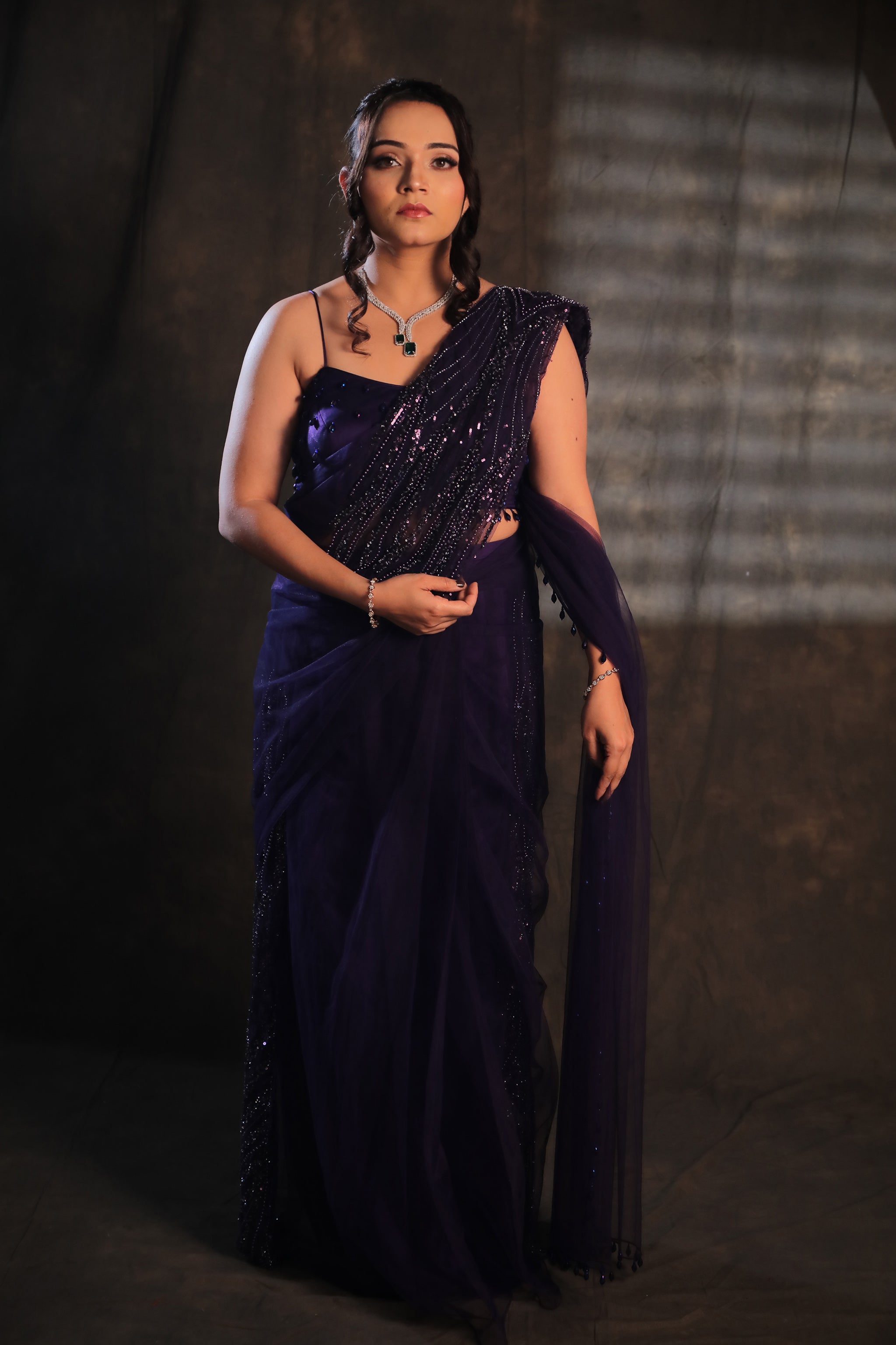 Purple Hand Embroidered Drape Saree