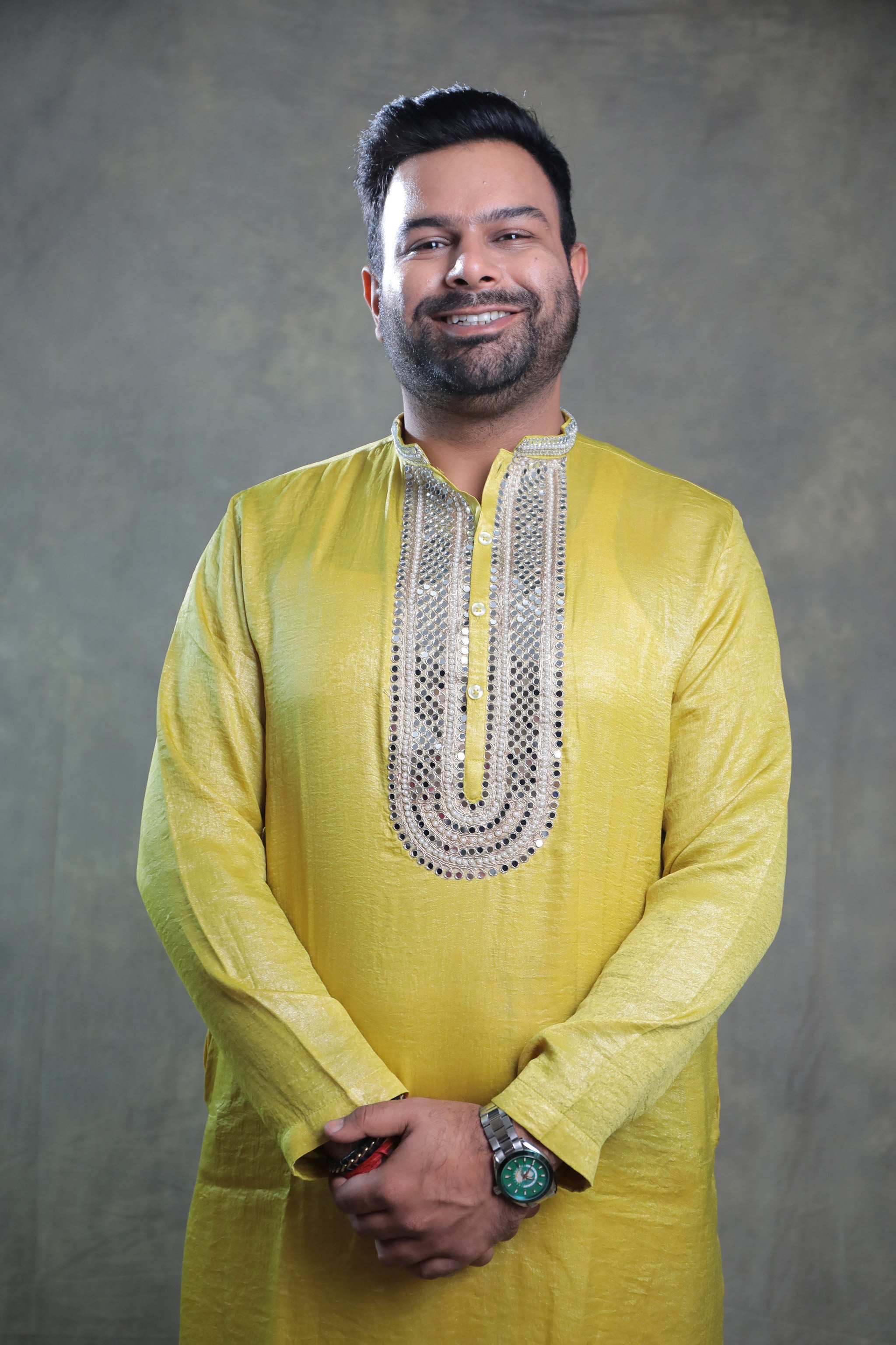 Sand Dust Haldi Kurta With Mirror Work