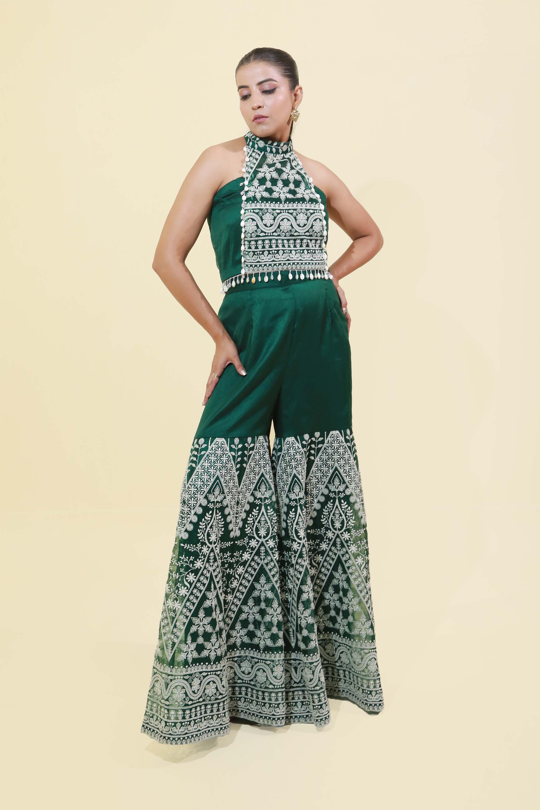Bottle Green Chickenkari IndoWesten Garara Set