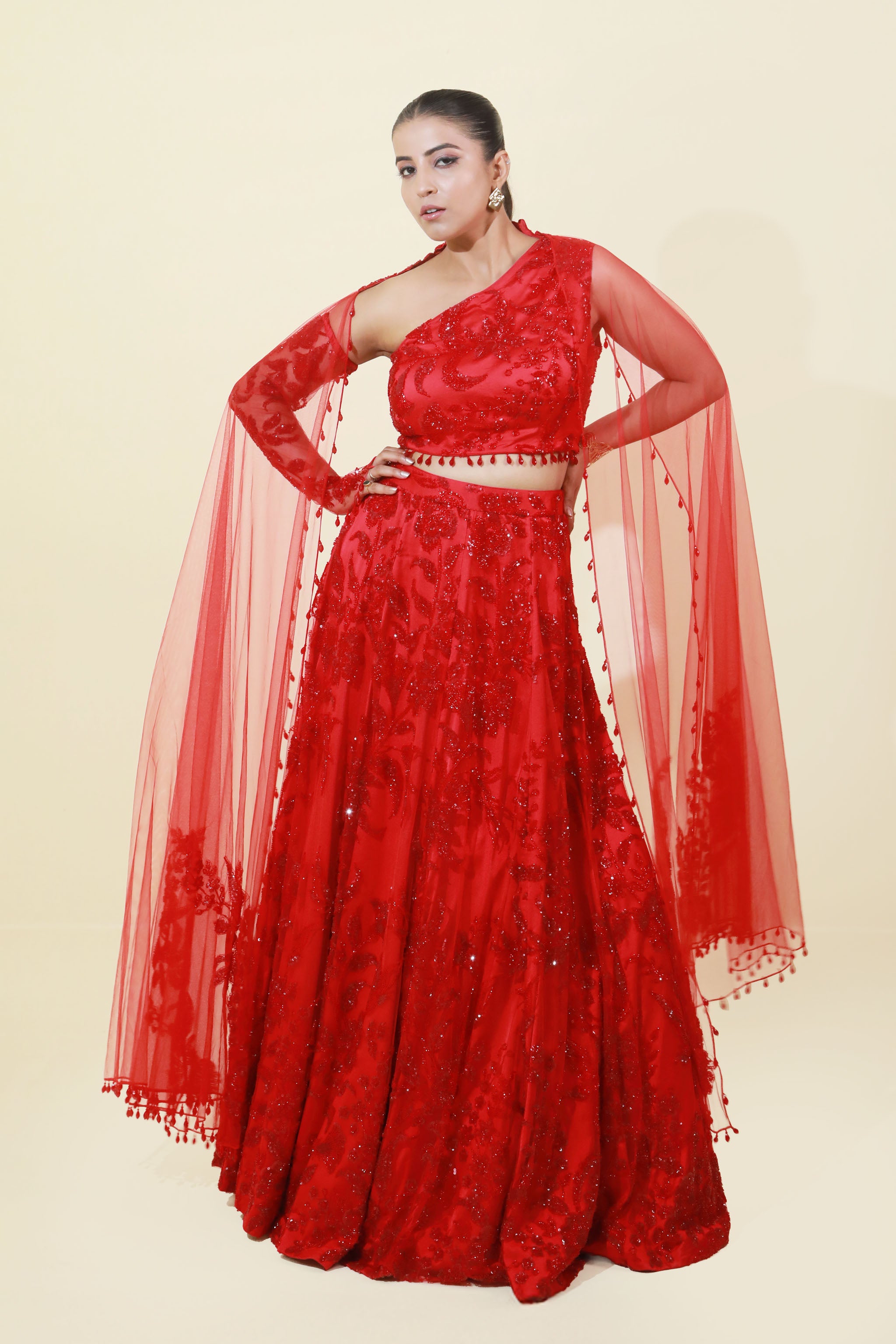 Hot Red Hand Embroidered Cocktail Lehanga